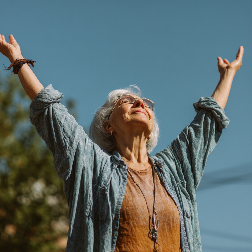 Smiling elderly Ukrainian woman demonstrating improved flexibility and strength after yoga practice